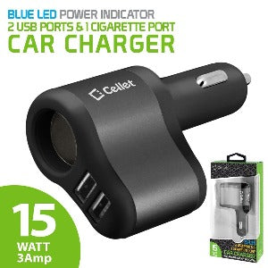 Cellet 3 in 1 Car Charger with 2 USB Ports and 1 Car Socket Lighter Adapter - Black/Space Gray