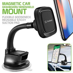 Magnetic Dashboard/Windshield Mount, Extra Strength Magnetic Car Dashboard/Windshield Mount with Flexible Gooseneck and Reusable Sticky Suction Pad for Smartphones by Cellet
