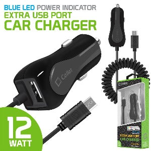 Cellet High Powered 12 Watt (2.4 Amp) Micro USB Car Charger with Extra USB Port and Coiled cable - Black