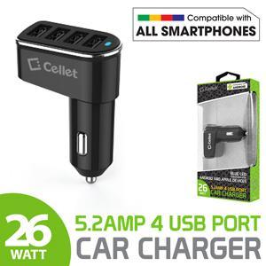 Cellet Universal 26W 5.2 Amp 4-Port Car Charger for Android and Apple Devices - Black