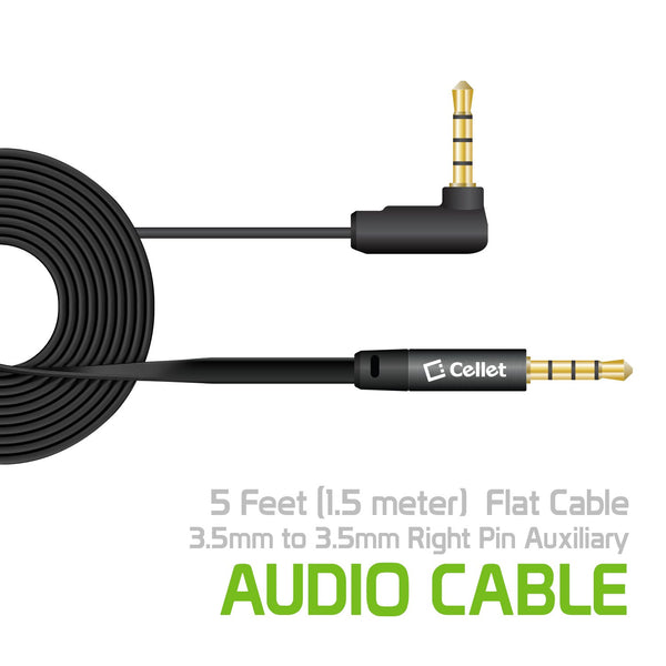 Cellet- 5 Foot (1.5 meter) Premium Flat Wire 3.5mm to 3.5mm Right Angle Pin Auxiliary Audio Cable
