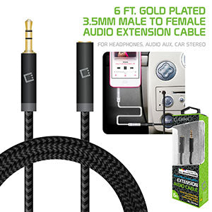Cellet 6 ft. Gold Plated 3.5mm Male to Female Audio Extension Cable for Headphones, Audio Aux, Car Stereo
