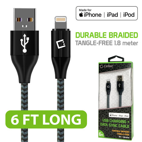 Cellet - Durable Lightning USB 8 Pin Apple MFI Certified Data Sync & Charge Cable, 6ft. - Black