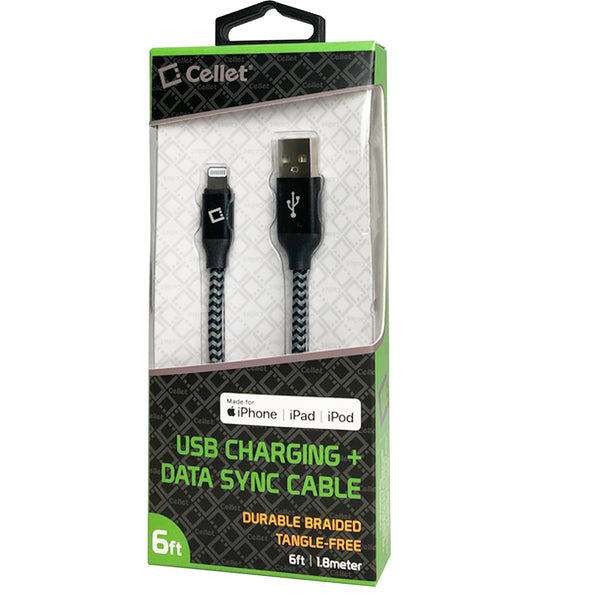 Cellet - Durable Lightning USB 8 Pin Apple MFI Certified Data Sync & Charge Cable, 6ft. - Black