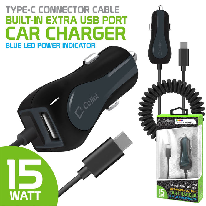 Cellet High Powered 3 Amp / 15 Watt Type-C USB Car Charger with Extra USB Port & Attached 6ft coiled cable