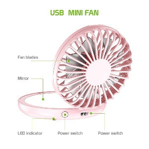 Multi-Purpose Compact Mini Fan with Mirror, 2 in 1 Portable USB Powered Foldable Handheld Mini fan with Mirror and 3 Different Speeds