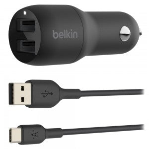 Belkin - Dual USB A Port Bullet Car Charger | Power: 24W | Includes: USB A to USB C Cable | Length 3ft | Color: Black