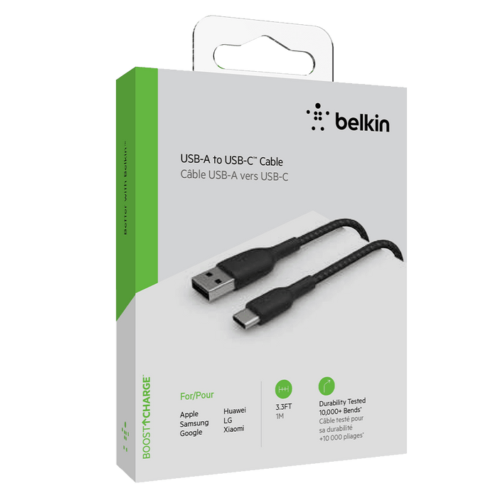 Belkin - Boost Up Charge USB A to USB C Braided Cable 3ft - Black