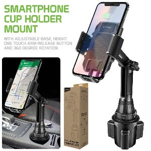 Cellet Smartphone Cup Holder Mount, Heavy Duty Automobile Cup Holder Mount with Adjustable Base, Height, One Touch Arm Release Button and 360 Degree Rotation Compatible to iPhone 11 Pro Max, Samsung Galaxy S10, GPS Systems and more