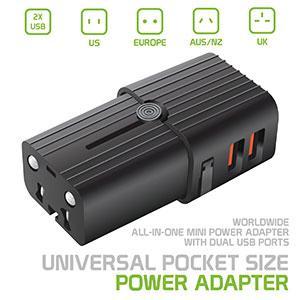 Universal Pocket Size Power Adapter, Worldwide All-in-One Mini Power Adapter with Dual USB Ports compatible to iPads, Tablets, Cameras, Laptops, Power banks, smartphones and other devices