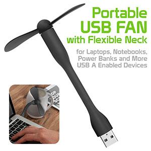 Portable USB Fan with Flexible Neck for Laptops, Notebooks, Power Banks and More USB A Enabled Devices - Black